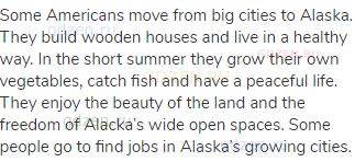 Some Americans move from big cities to Alaska. They build wooden houses and live in a healthy way.