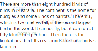There are more than eight hundred kinds of birds in Australia. The continent is the home for budgies