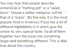 You may hear that people describe America as a "melting pot" or a "salad bowl". Maybe a better