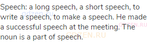 speech: a long speech, a short speech, to write a speech, to make a speech. He made a successful