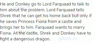 He and Donkey go to Lord Farquaad to talk to him about the problem. Lord Farquaad tells Shrek that