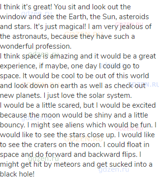 I think it's great! You sit and look out the window and see the Earth, the Sun, asteroids and stars.