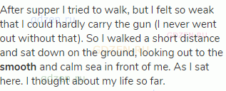 After supper I tried to walk, but I felt so weak that I could hardly carry the gun (I never went out
