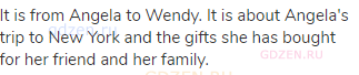 It is from Angela to Wendy. It is about Angela's trip to New York and the gifts she has bought for