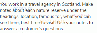 You work in a travel agency in Scotland. Make notes about each nature reserve under the headings: