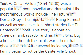 <strong>Text A:</strong> Oscar Wilde (1854-1900) was a popular Irish poet, novelist and dramatist.