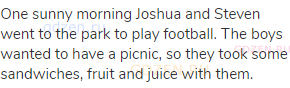 One sunny morning Joshua and Steven went to the park to play football. The boys wanted to have a