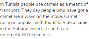 In Tunisia people use camels as a means of transport. They say people who have got a camel are