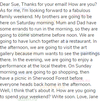 Dear Sue, Thanks for your email! How are you? As for me, I'm looking forward to a fabulous family