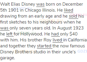 Walt Elias Disney <span class="under">was</span> born on December 5th 1901 in Chicago Illinois. He