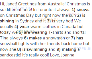 Hi, Janet! Greetings from Australia! Christmas is so different here! In Toronto it always <strong>1)