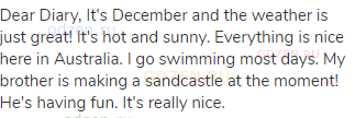 Dear Diary, It's December and the weather is just great! It's hot and sunny. Everything is nice here