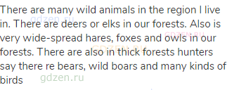 There are many wild animals in the region I live in. There are deers or elks in our forests. Also is
