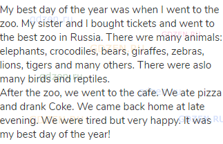 My best day of the year was when I went to the zoo. My sister and I bought tickets and went to the
