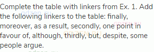 Complete the table with linkers from Ex. 1. Add the following linkers to the table: finally,