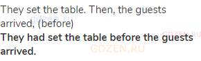 They set the table. Then, the guests arrived, (before)<br><strong>They had set the table before the