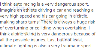 I think auto racing is a very dangerous sport. Imagine an athlete driving a car and reaching a very