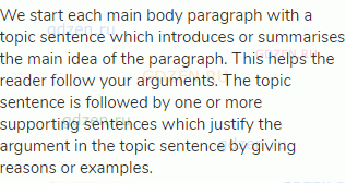 We start each main body paragraph with a topic sentence which introduces or summarises the main idea