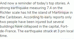 And now a reminder of today's top stories. A strong earthquake measuring 7.4 on the Richter scale