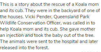 This is a story about the rescue of a Koala mom and its cub. They were in the backyard of one of the
