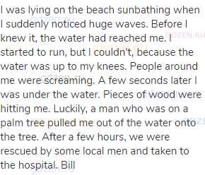 I was lying on the beach sunbathing when I suddenly noticed huge waves. Before I knew it, the water