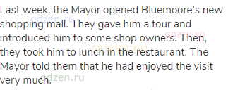Last week, the Mayor opened Bluemoore's new shopping mall. They gave him a tour and introduced him