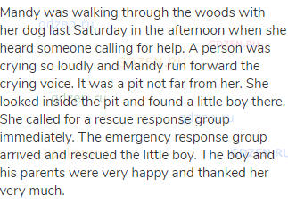 Mandy was walking through the woods with her dog last Saturday in the afternoon when she heard