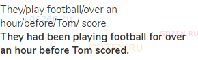 they/play football/over an hour/before/Tom/ score<br><strong>They had been playing football for over