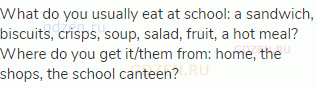 What do you usually eat at school: a sandwich, biscuits, crisps, soup, salad, fruit, a hot meal?