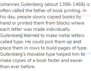 Johannes Gutenberg (about 1398-1468) is often called the father of book printing. In his day, people