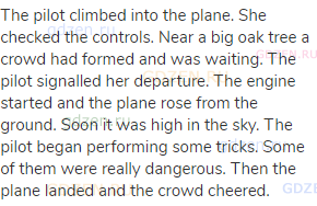 The pilot climbed into the plane. She checked the controls. Near a big oak tree a crowd had formed